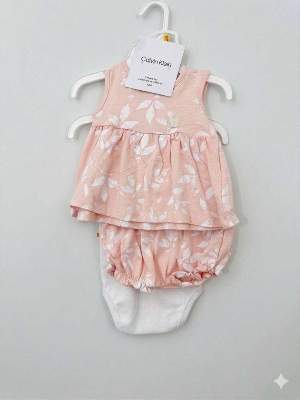 Calvin Klein Baby 3 Pcs Set Pink/White Size 18 Months Dress Bloomer Onesie NWT